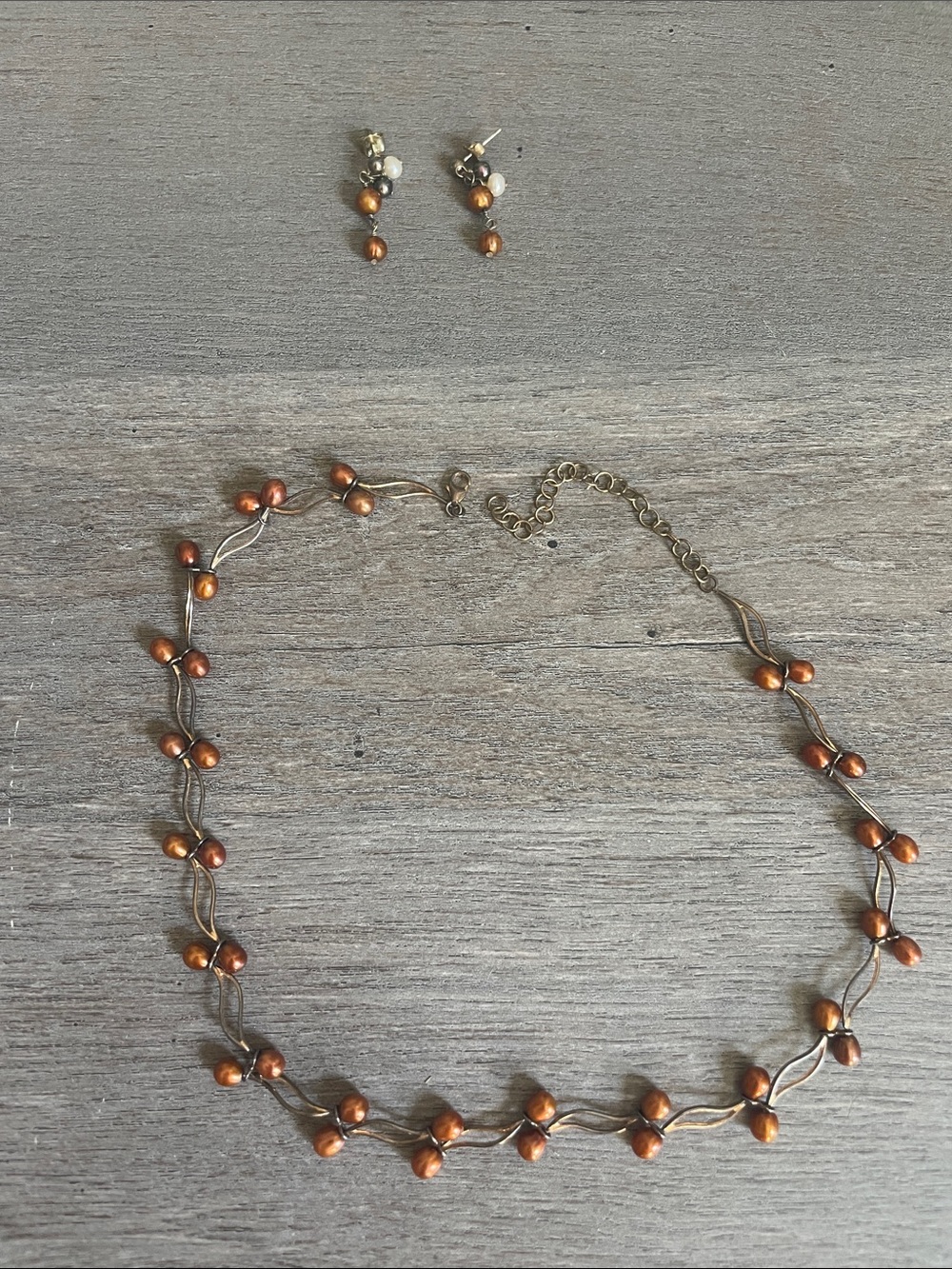 Handcrafted Copper Pearl Necklace and Earring Set - Burnt Orange